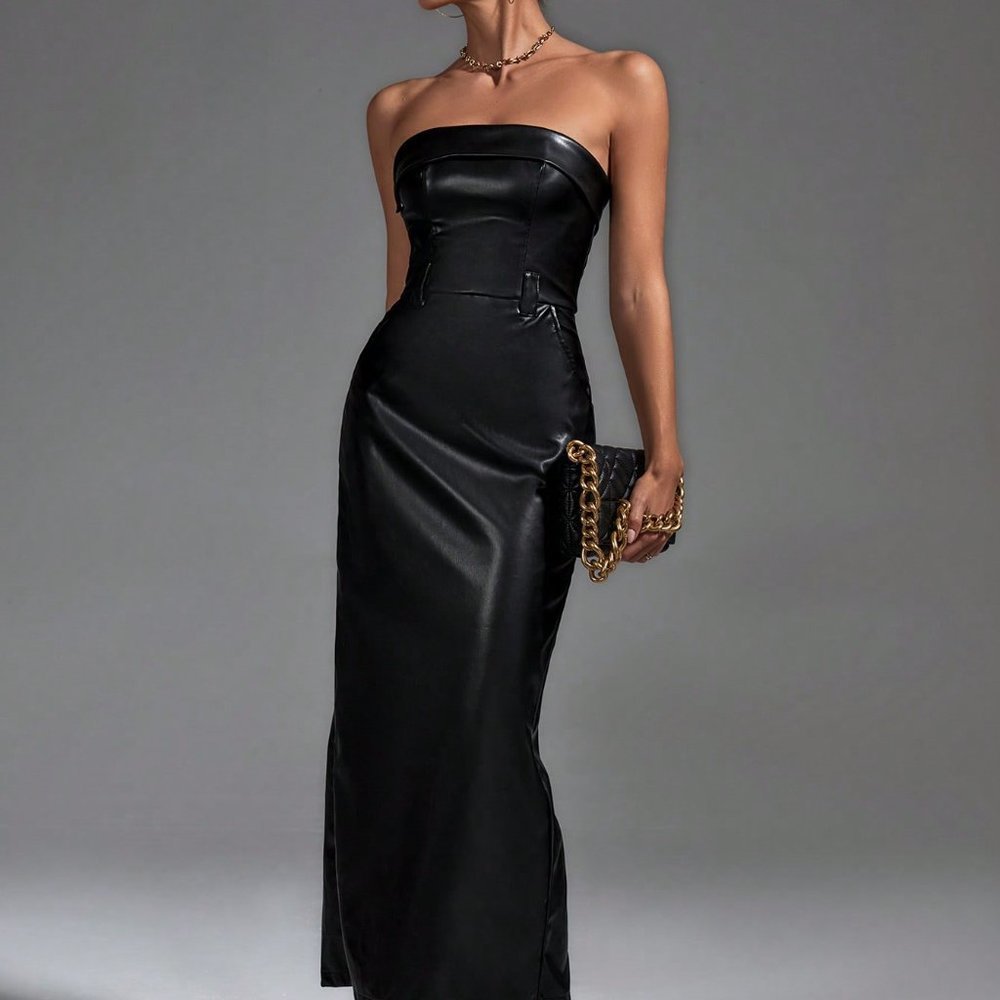 Black Preppy Womens Solid PU Tube Dress - Picture 5 of 6